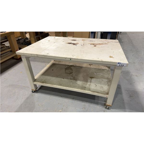ALL METAL (WHITE) MOBILE WORK TABLE - APPROX. 5FT X 3 1/2FT X 2 3/4FT HIGH