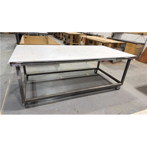 WOOD TOP WITH METAL FRAME MOBILE WORK TABLE - APPROX. 4FT X 8FT X 3FT HIGH