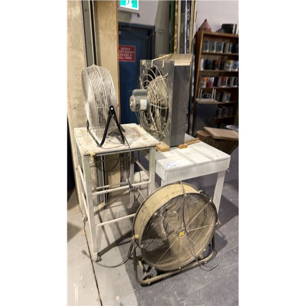 GROUP OF (3) SHOP FANS AND (2) MOBILE WORK TABLES