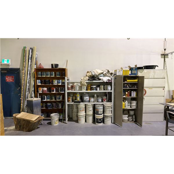 3 SHELVING UNITS AND 2 METAL CABINETS WITH LARGE ASSORTMENT OF SHOP PAINT/PAINTING SUPPLIES