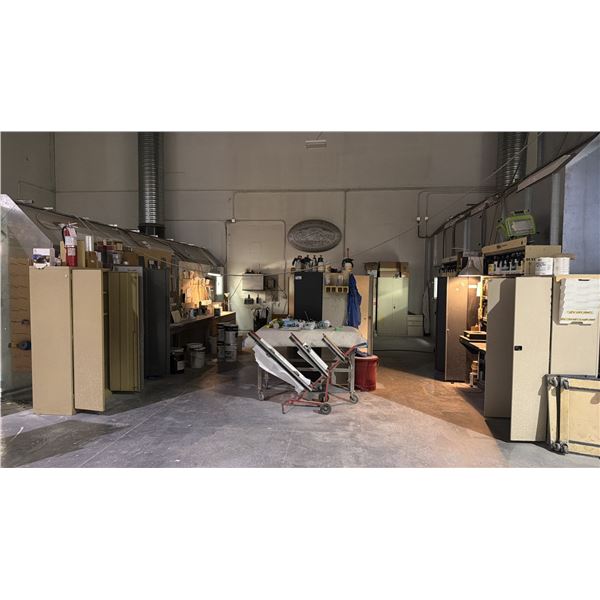PAINT STORAGE AND MIXING AREA - ALL SHELVING, PAINT, TOOLS, AND STORAGE CABINETS