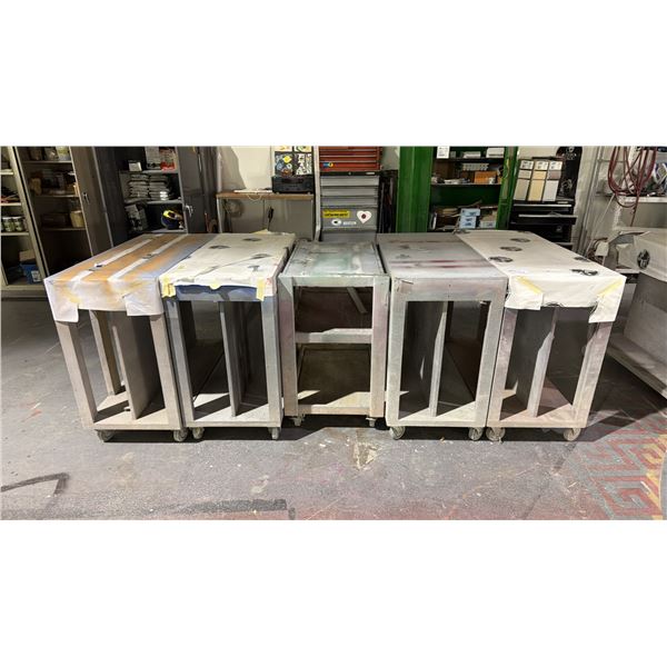 GROUP OF (5) MOBILE WOODEN WORK TABLES