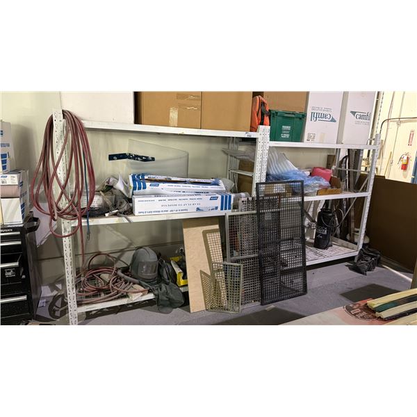 2 WHITE METAL SHELF RACKING UNITS AND CONTENTS