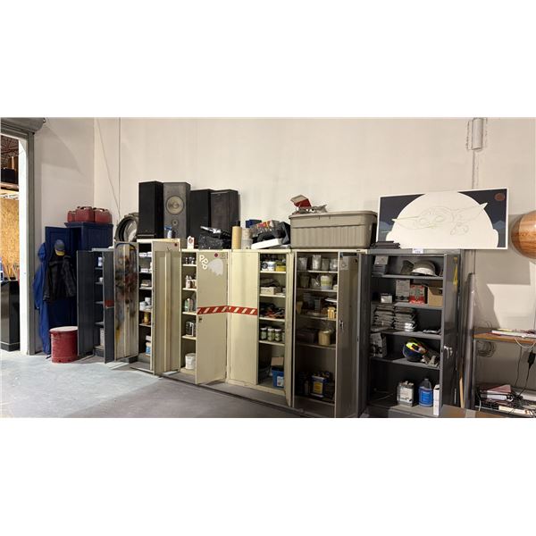 GROUP OF (6) METAL 2 DOOR STORAGE CABINETS WITH CONTENTS - ASSORTED PAINT, SHOP SUPPLIES,