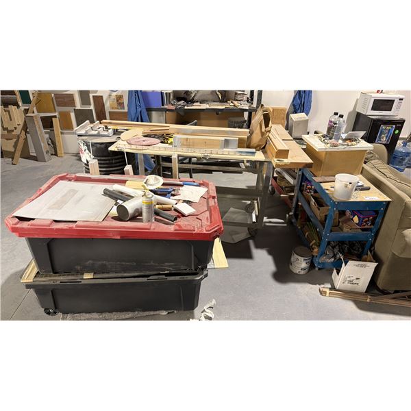 GREY METAL SHELF UNIT, 3 MOBILE SHOP CARTS, FLAT DOLLIES, BARREL AND ALL CONTENTS