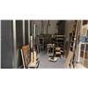 Image 1 : BACK CORNER OF ASSORTED METAL SHELVING UNITS, FLAT DOLLIES, MOBILE WORK CAT, WOODEN STEP