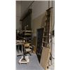 Image 2 : BACK CORNER OF ASSORTED METAL SHELVING UNITS, FLAT DOLLIES, MOBILE WORK CAT, WOODEN STEP