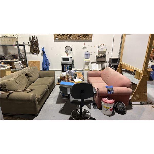 CONTENTS OF EMPLOYEE LOUNGE AREA - SOFAS, BAR FRIDGES, MICROWAVES, WATER COOLER AND