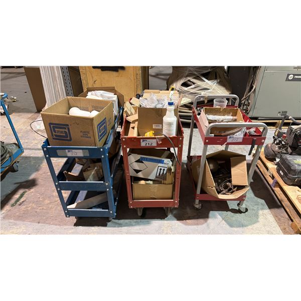 3 METAL MOBILE WORK CARTS AND CONTENTS