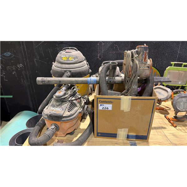 GROUP OF (4) ASSORTED SHOP VACUUMS AND BOX OF ACCESSORIES