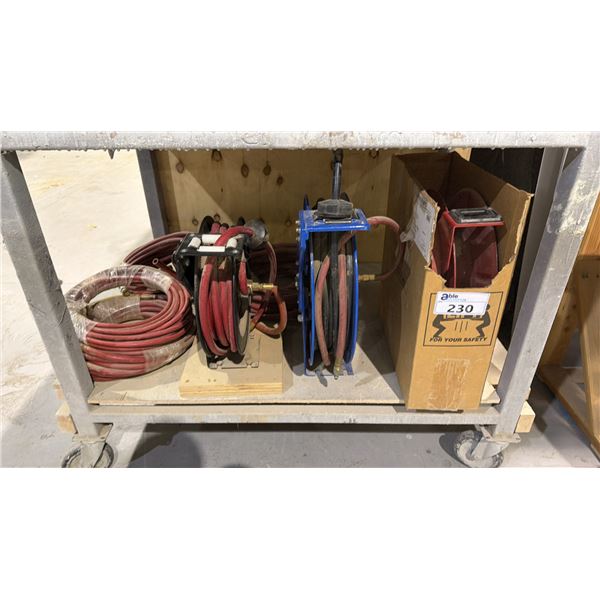 GROUP OF (3) WALL/CEILING MOUNT AIR LINE HOSE REELS WITH SEVERAL ROLLS OF AIR LINE HOSE