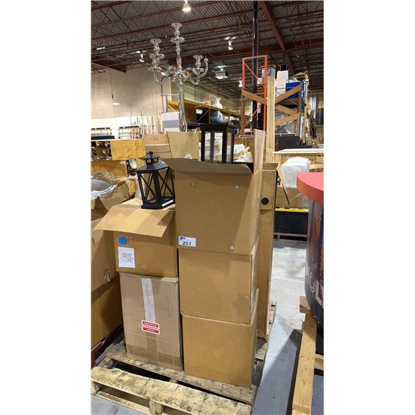 PALLET OF ASSORTED CANDELABRAS, PATIO HANGING CANDLE HOLDERS AND MORE