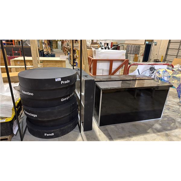 RETAIL STORE DISPLAY PLATFORMS, 2 SERVICE COUNTERS AND BLACK METAL RECTANGULAR STAND