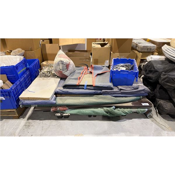 PALLET WITH DISASSEMBLED OFFICE DESK, BOX OF ELECTRICAL AND MISCELLANEOUS ITEMS