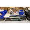 Image 1 : PALLET WITH DISASSEMBLED OFFICE DESK, BOX OF ELECTRICAL AND MISCELLANEOUS ITEMS