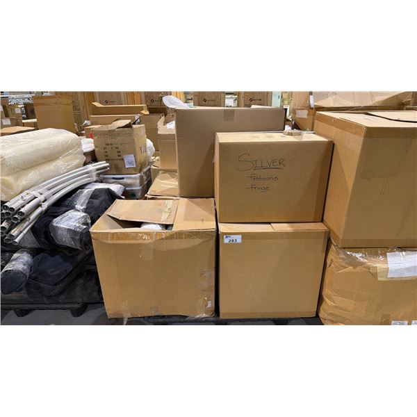 PALLET OF PILLOWS, COLORFUL FESTOONS, FRINGE MATERIAL AND MORE