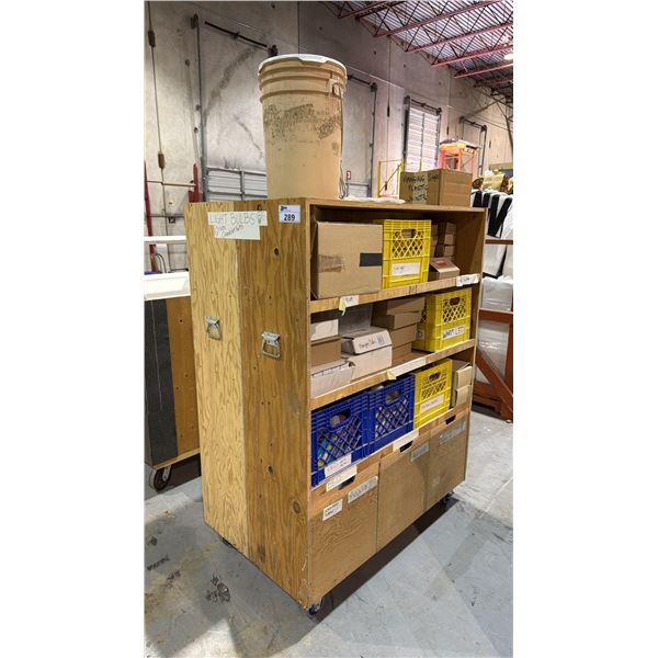 DOUBLE SIDED MOBILE SHELF STORAGE CART AND CONTENTS - ASSORTED LIGHT BULBS AND CHANDELIER PARTS