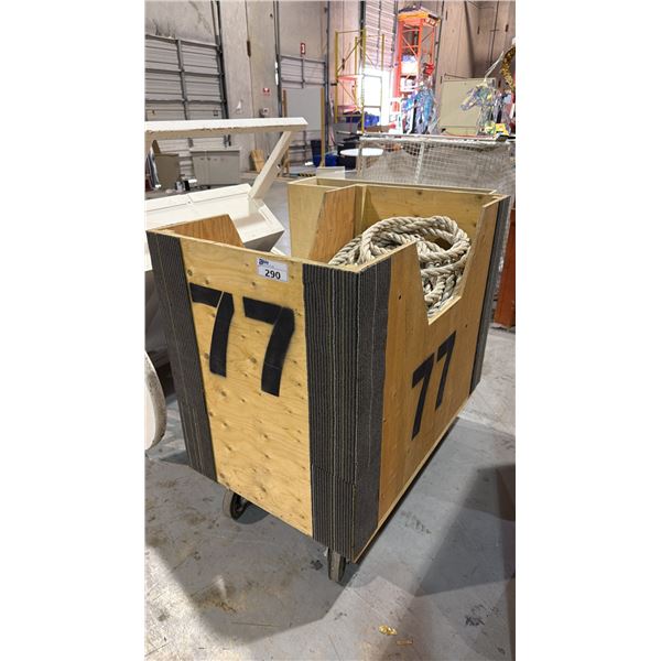 WOODEN MOBILE TRANSPORT BIN FILLED WITH ASSORTED SIZE ROLLS OF 1" BRAIDED ROPE