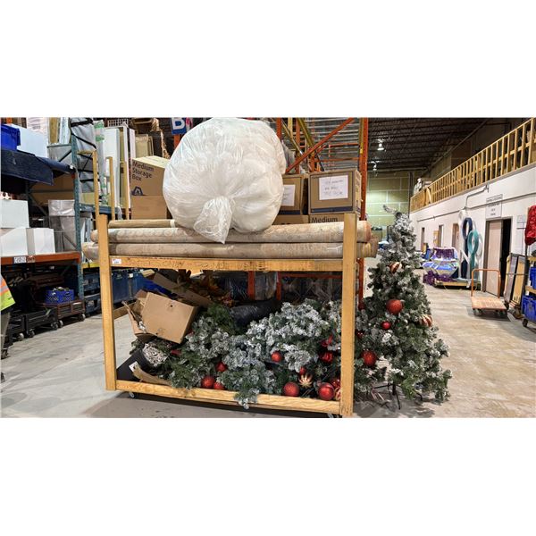 LARGE 2 TIER MOBILE STORAGE SHELF UNIT AND CONTENTS - HOLIDAY DECORATIONS, LIGHTS,