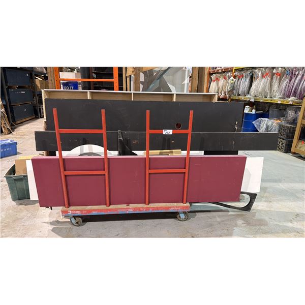 RED METAL MOBILE MATERIAL CART/A-FRAME MOBILE SHEET MATERIAL CART AND ALL CONTENTS