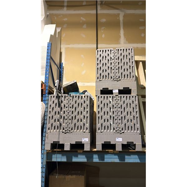 3 GREY FOLDING PALLET BOXES - 2 EMPTY, 1 WITH MISCELLANEOUS VACUUM ATTACHMENTS