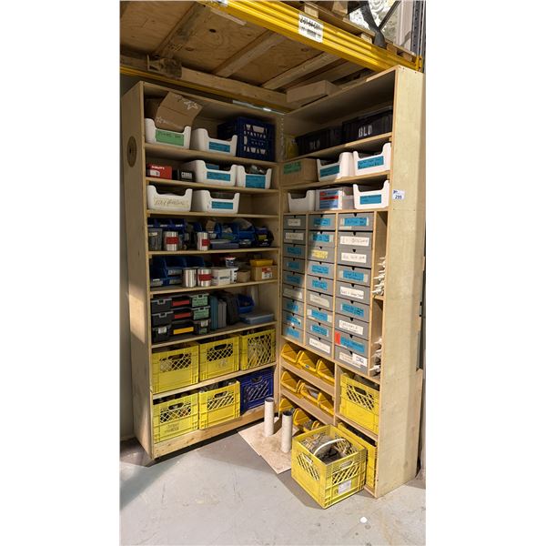 (2) 8FT HIGH X 2 1/2FT WIDE WOODEN SHELVING UNITS AND CONTENTS - LARGE ASSORTMENT OF FASTENERS