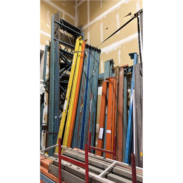 ASSORTED PALLET RACKING - UPRIGHTS, SIDE RAILS ASSORTED SIXES/COLORS AND RED MOBILE MATERIAL CART