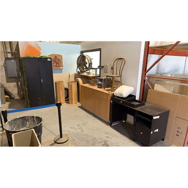 LARGE GROUP OF ASSORTED ITEMS - BLACK 2 DOOR CABINET, BLACK METAL ARCHWAY, SHOP FAN, COUNTER