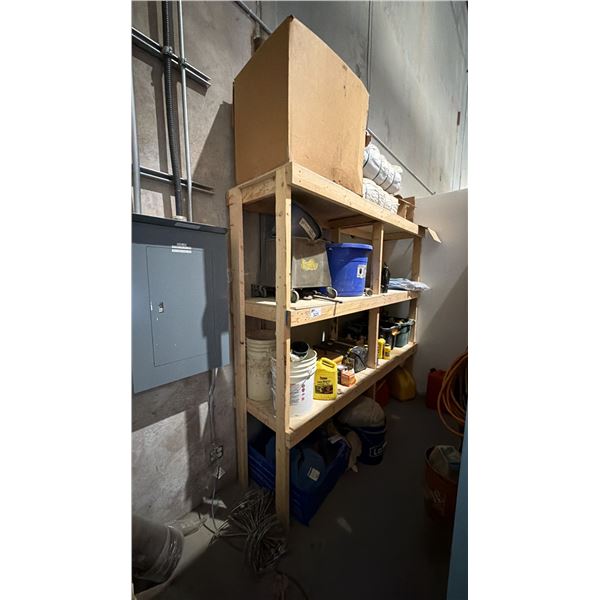 STORAGE ROOM CONTENTS - WOODEN SHELVE UNIT WITH ASSORTED MISCELLANEOUS ITEMS