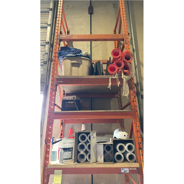 ASSORTED WAREHOUSING ITEMS - DELINEATORS, PILONS, 3 BOXES OF STRETCH WRAP ROLLS, TARPS AND MORE