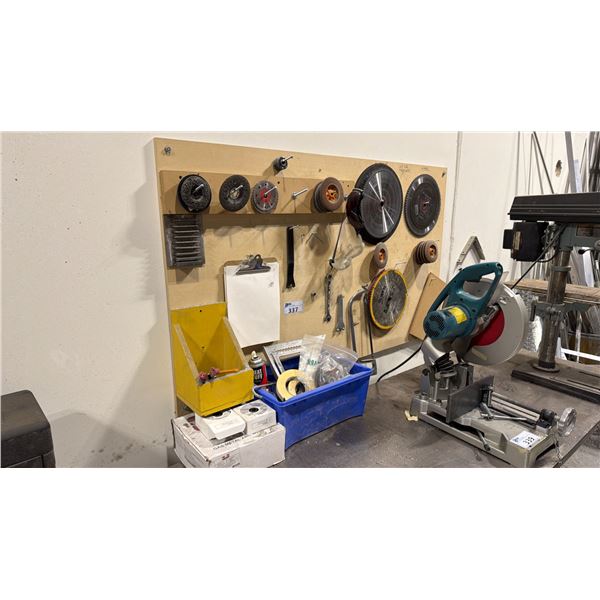 WALL MOUNT TOOL BOARD WITH WELDERS ITEMS - SAW BLADES, ABRASIVE DISCS, HAND TOOLS AND