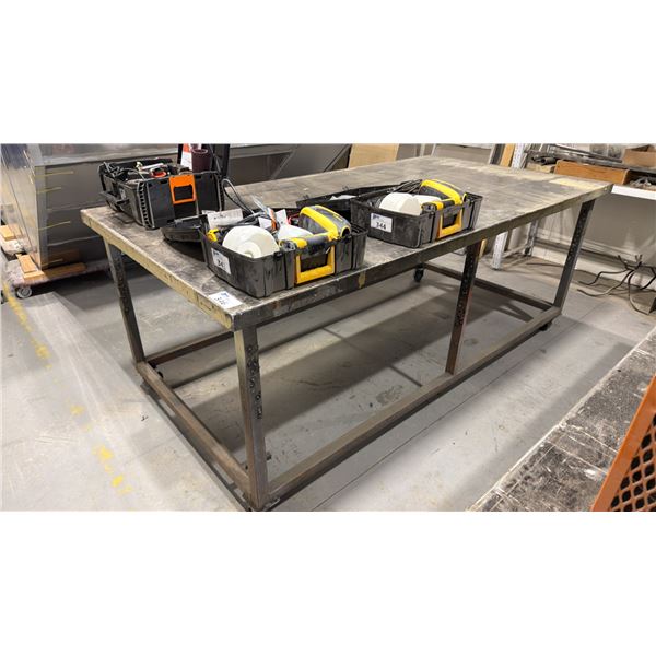 LARGE STEEL MOBILE FABRICATION WORK TABLE - APPROX. 8 1/2FT X 4 1/2FT X 3 1/4FT HIGH