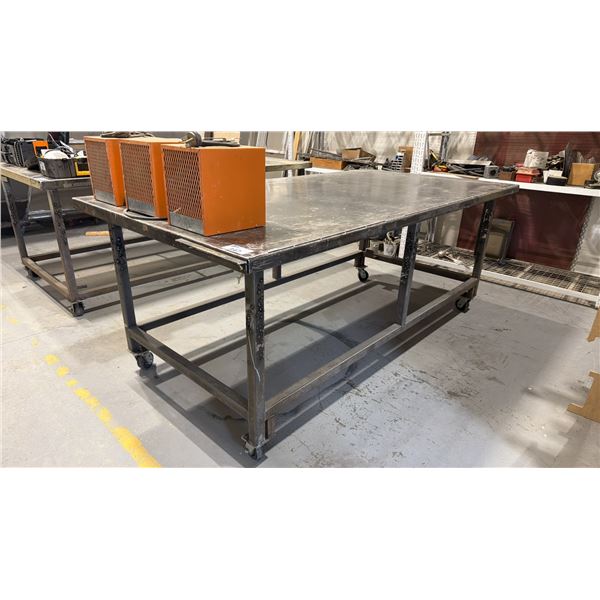 LARGE STEEL MOBILE FABRICATION WORK TABLE - APPROX. 8 1/2FT X 4 1/2FT X 3 1/4FT HIGH