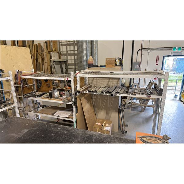 GROUP OF (4) WHITE SHELF RACKING UNITS AND CONTENTS - (8) 6FT UPRIGHTS, (20) 5 1/2FT SIDE RAILS