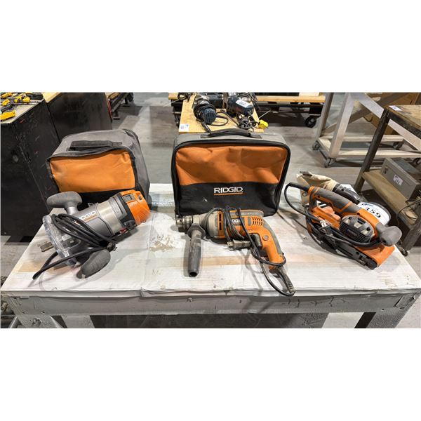 GROUP OF (3) RIDGID POWER TOOLS- DRILL/SANDER/ROUTER