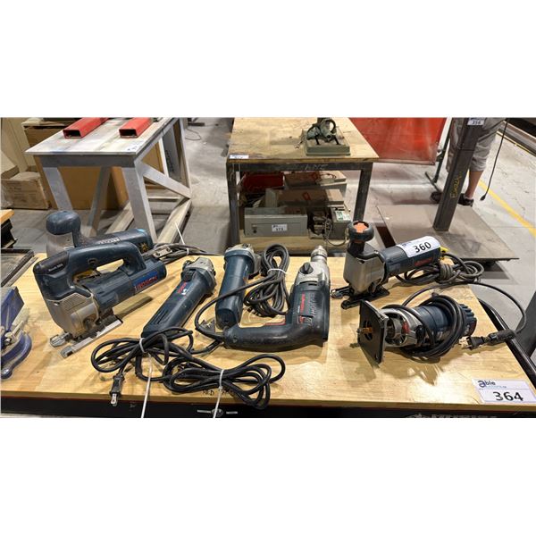 GROUP OF 7 BOSCH POWER TOOLS - HAMMER DRILL, ROUTER, 3 JIG SAWS AND 2 GRINDERS