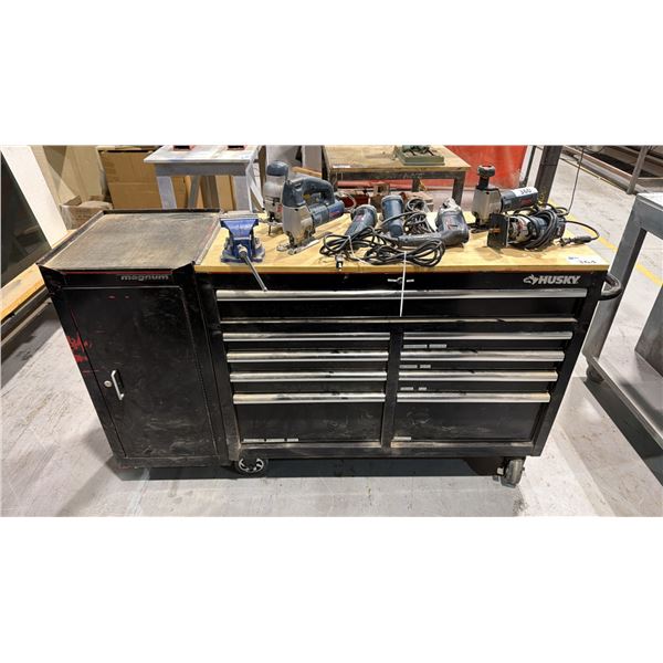 HUSKY 9 DRAWER WITH SIDE CUPBOARD MOBILE TOOL CABINET WITH CONTENTS