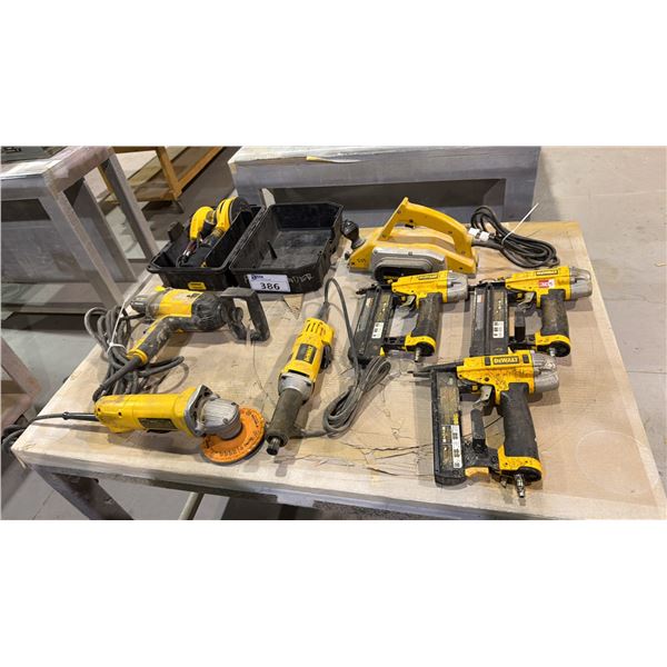 GROUP OF 8 DEWALT POWER TOOLS - 1/2" DRILL, PLANER, ORBITAL SANDER, ANGLE GRINDER, DIE GRINDER