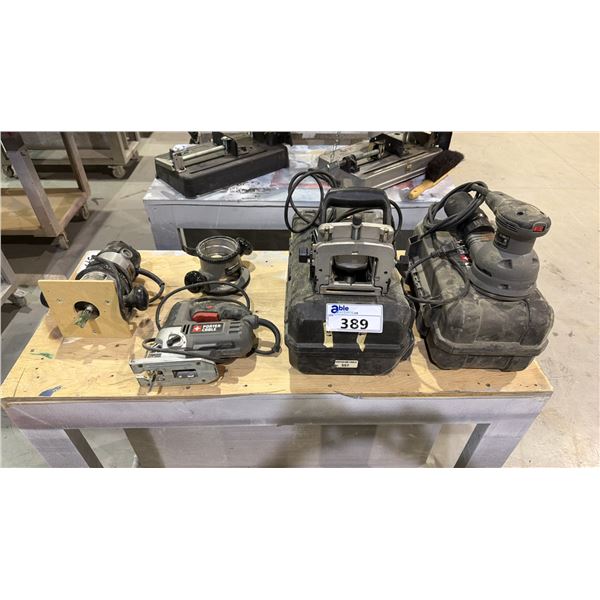 GROUP OF 4 PORTER CABLE POWER TOOLS - ROUTER, JIG SAW, ORBITAL SANDER AND PLATE JOINER