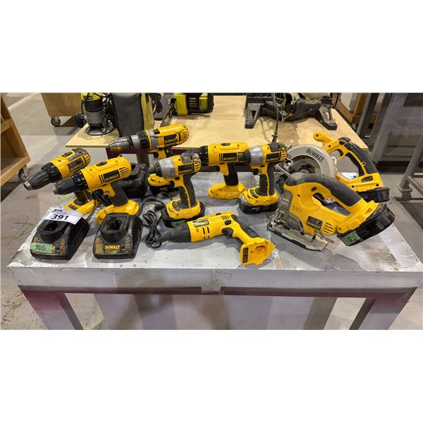 GROUP OF (9) DEWALT 18V POWER TOOLS WITH 3 CHARGERS AND 5 BATTERIES