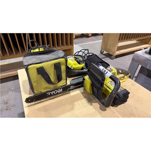 GROUP OF 3 RYOBI POWER TOOLS - ELECTRIC CHAINSAW, ROUTER AND JIG SAW
