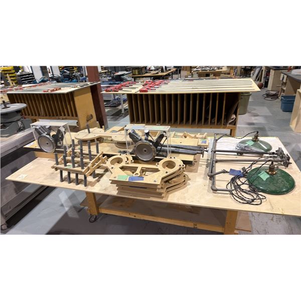 MOBILE WORK TABLE WITH PNEUMATIC CAM DRIVEN WHEEL WINDING SYSTEM AND MANY ASSORTED PARTS