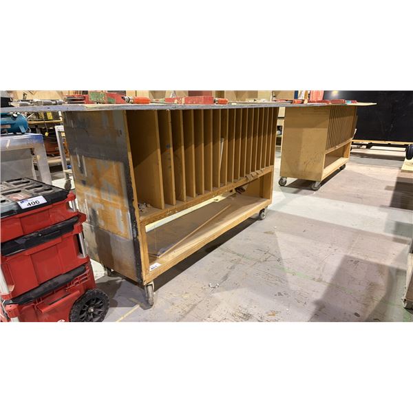 2 WOODEN MOBILE WORK TABLES - APPROX. 8FT X 4FT X 4FT HIGH