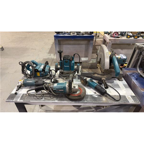 GROUP OF (6) MAKITA POWER TOOLS - CHOP SAW, ROUTER, WIRE BRUSH, ANGLE GRINDER,