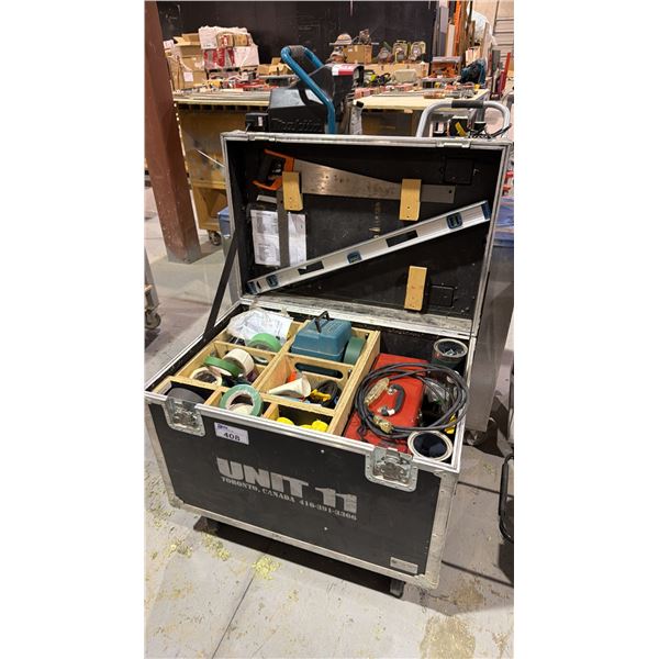 INSTALLERS LARGE MOBILE TRANSPORT BOX WITH CONTENTS - ASSORTED TOOLS, HARDWARE AND JOB SUPPLIES