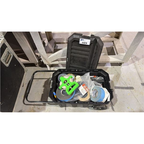 INSTALLERS MOBILE WORK BOX WITH CONTENTS - ASSORTED TOOLS, HARDWARE AND JOB SUPPLIES