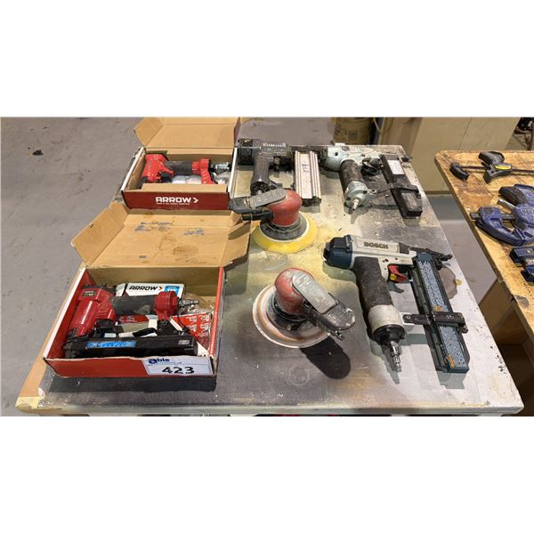 GROUP OF (7) PNEUMATIC TOOLS - STAPLERS AND ORBITAL SANDERS