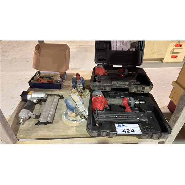 GROUP OF (6) PNEUMATIC TOOLS - STAPLERS, ORBITAL SANDERS AND DRILL