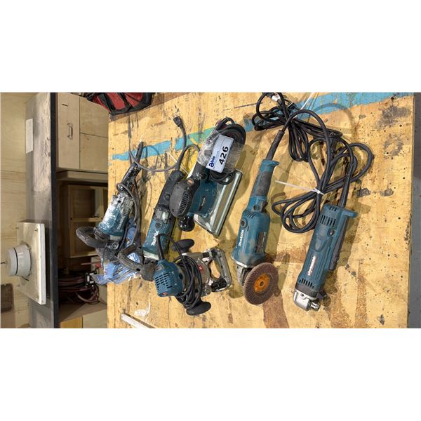 GROUP OF (6) MAKITA POWER TOOLS - ROUTER, SANDER, RIGHT ANGLE DRILL AND 3 GRINDERS