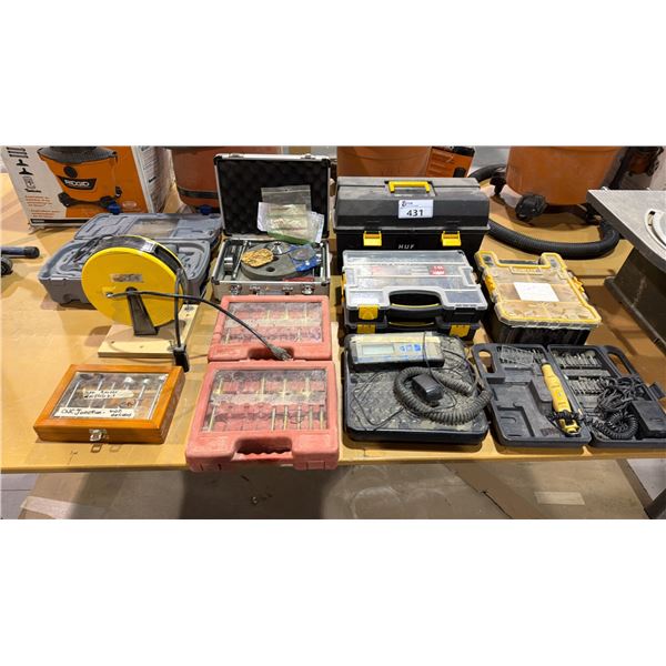 GROUP OF ASSORTED TOOLS, DRILL SETS, ORGANIZER CASES AND CONTENTS, SHIPPING SCALE,